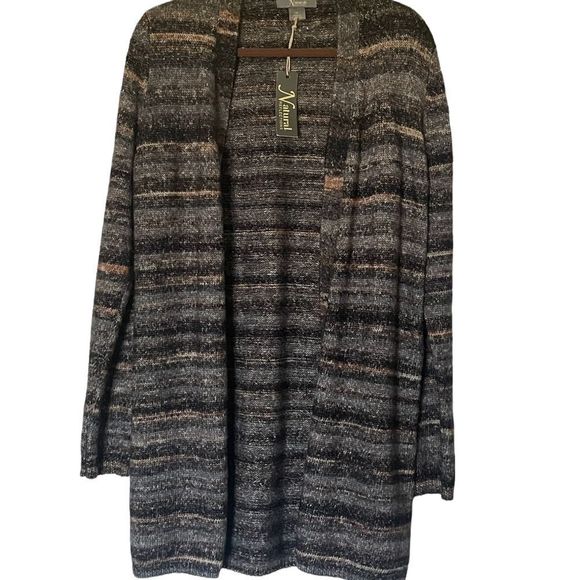 Women’s NATURAL REFLECTIONS cardigan, brown colors striped called “charcoal,” M - Picture 1 of 8